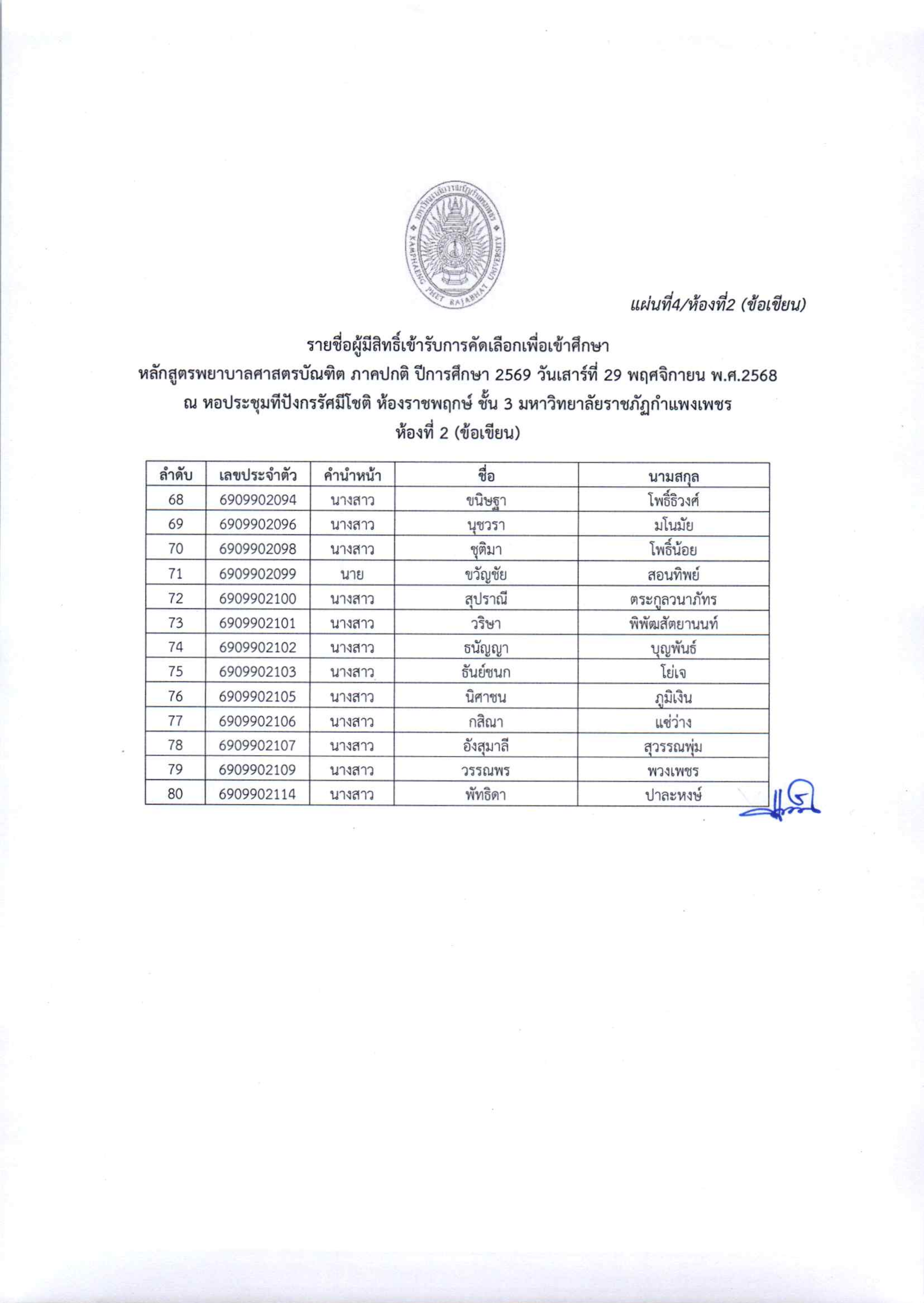 7. ประกาศ รายชื่อผู้มีสิทธิ์เข้ารับการคัดเลือกและสัมภาษณ์ ภาคปกติ รอบ 1/2569